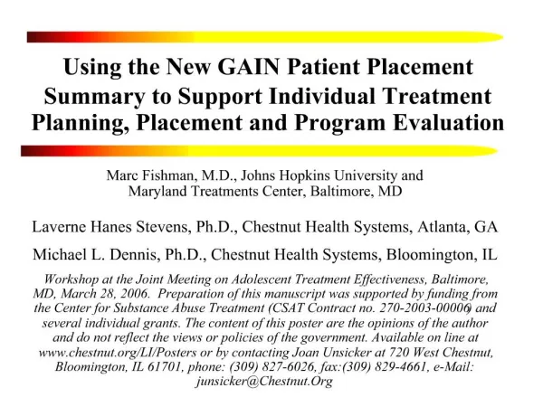 Using the New GAIN Patient Placement Summary to Support Individual Treatment Planning, Placement and Program Evaluation