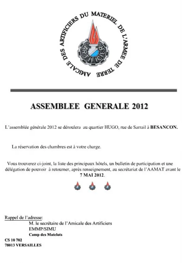 BULLETIN DE PARTICIPATION A L ASSEMBLEE GENERALE 2012 A BESANCON R ponse transmettre avant le 7 mai 2012 : M. le