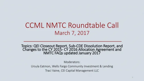 CCML NMTC Roundtable Call March 7, 2017