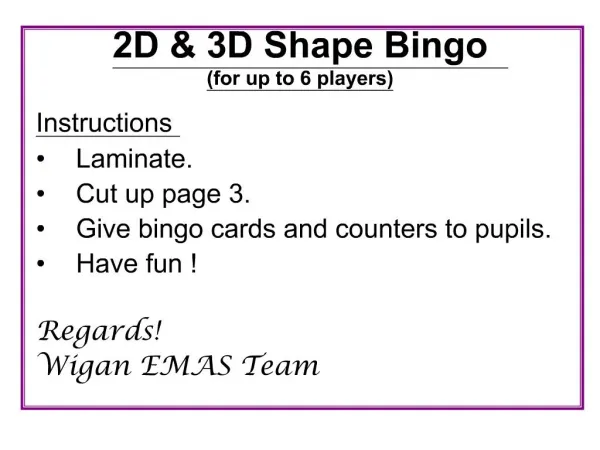 2D 3D Shape Bingo for up to 6 players