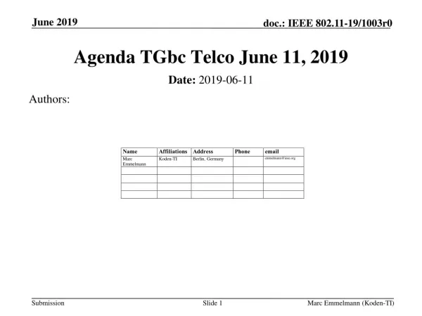 Agenda TGbc Telco June 11, 2019