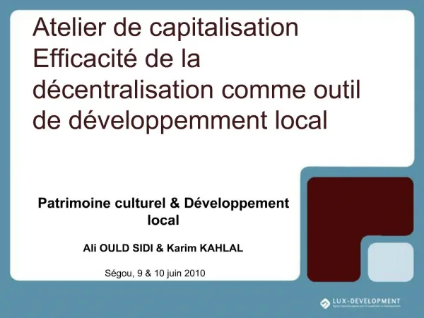 Atelier de capitalisation Efficacit de la d centralisation comme outil de d veloppemment local