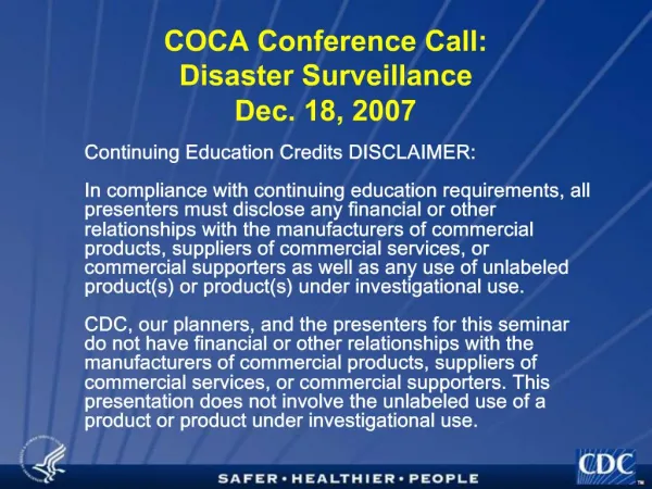 COCA Conference Call: Disaster Surveillance Dec. 18, 2007