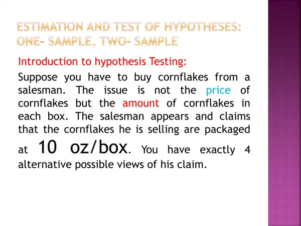 ESTIMATION AND TEST OF HYPOTHESES: One- sample, two- sample