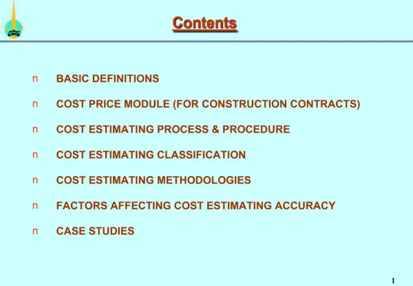 BASIC DEFINITIONS COST PRICE MODULE FOR CONSTRUCTION CONTRACTS COST ESTIMATING PROCESS PROCEDURE COST ESTIMATING CL