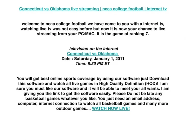 Connecticut vs Oklahoma live streaming | ncca college footba