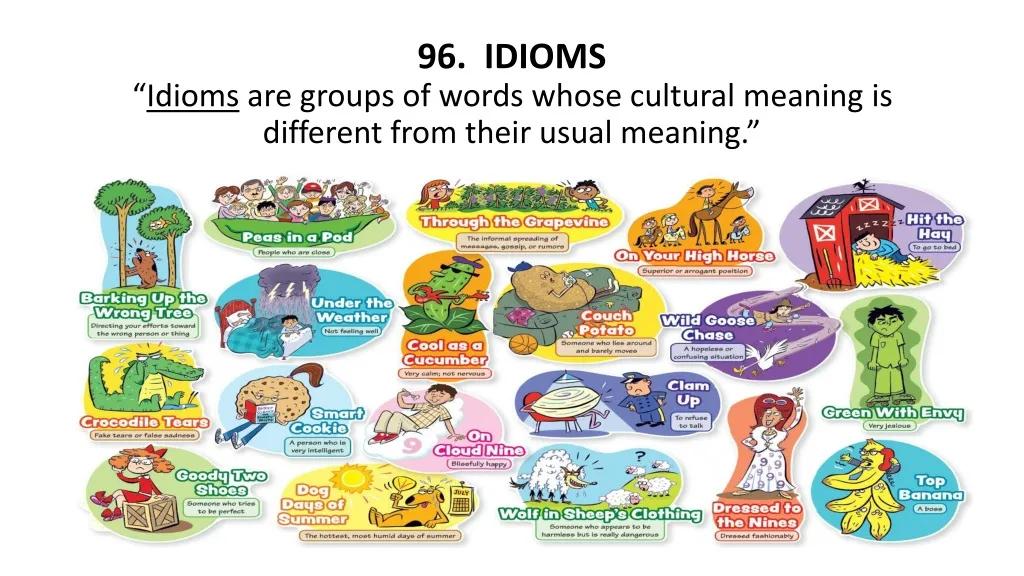 96 idioms idioms are groups of words whose cultural meaning is different from their usual meaning