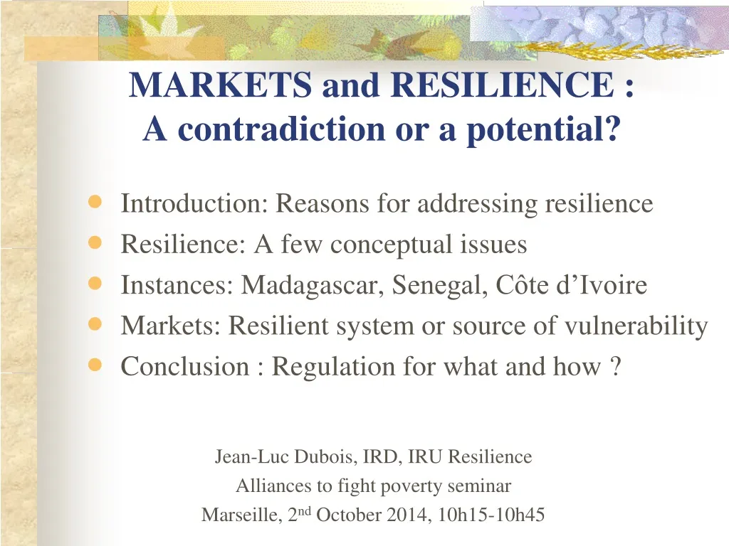 markets and resilience a contradiction or a potential