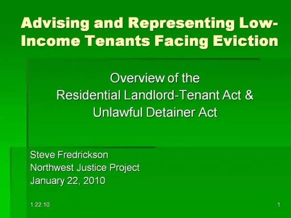 Advising and Representing Low-Income Tenants Facing Eviction