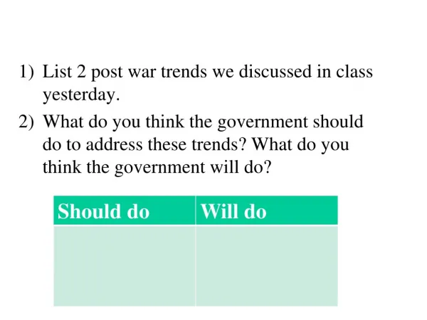 List 2 post war trends we discussed in class yesterday.