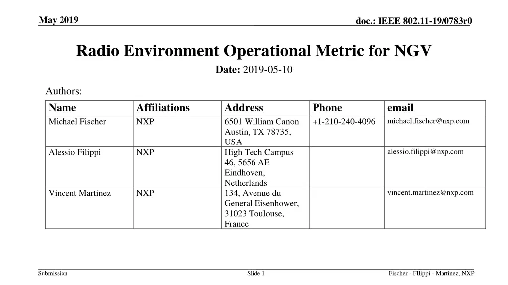 radio environment operational metric for ngv