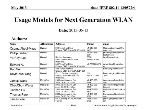 Usage Models for Next Generation WLAN