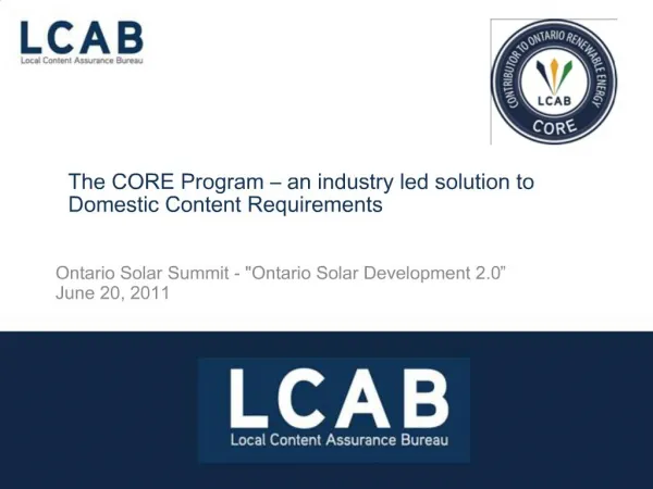 Ontario Solar Summit - Ontario Solar Development 2.0 June 20, 2011