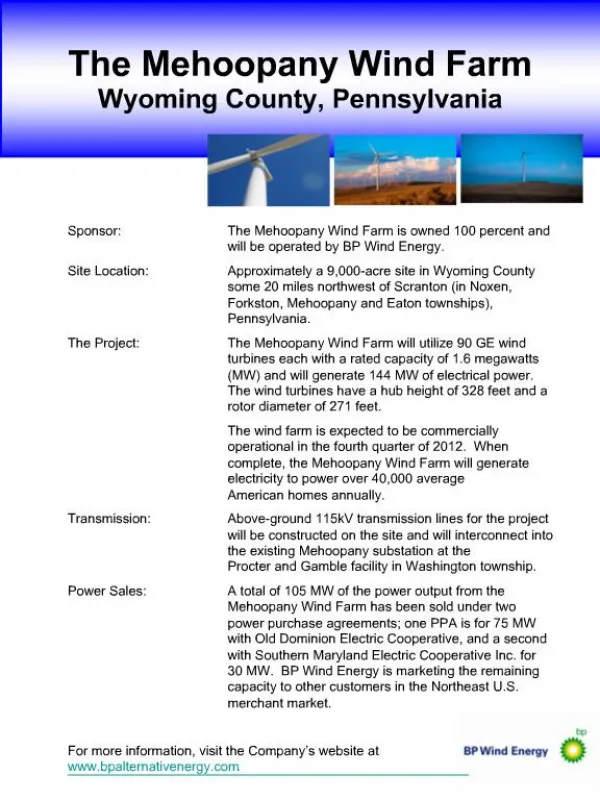 The Mehoopany Wind Farm Wyoming County, Pennsylvania