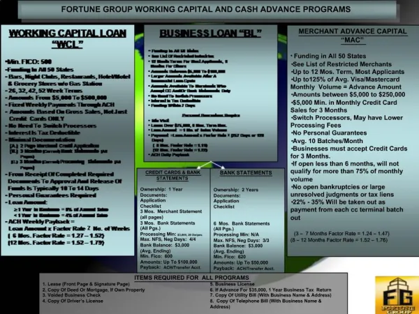 FORTUNE GROUP WORKING CAPITAL AND CASH ADVANCE PROGRAMS