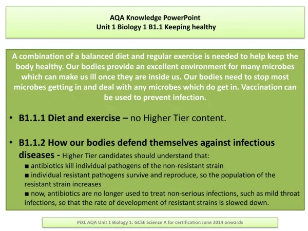 AQA Knowledge PowerPoint Unit 1 Biology 1 B1.1 Keeping healthy