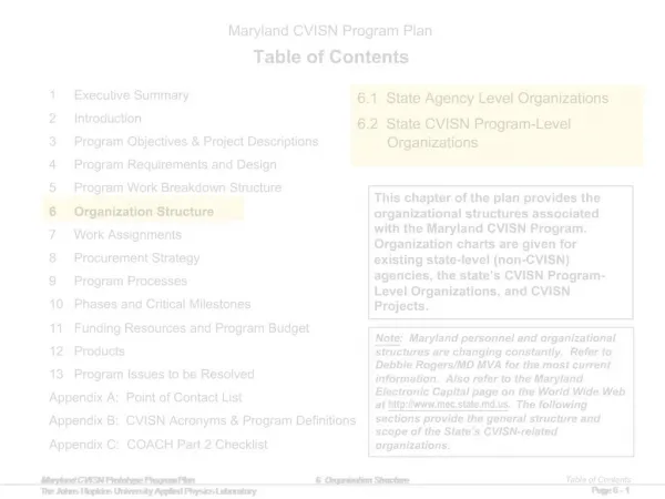 Maryland CVISN Program Plan Table of Contents