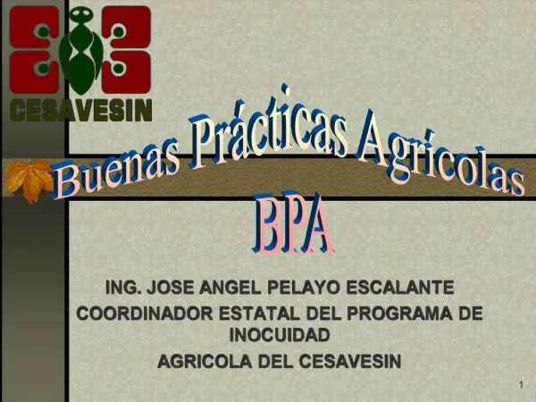 ING. JOSE ANGEL PELAYO ESCALANTE COORDINADOR ESTATAL DEL PROGRAMA DE INOCUIDAD AGRICOLA DEL CESAVESIN