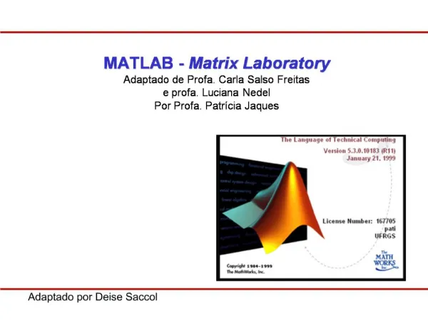 MATLAB - Matrix Laboratory Adaptado de Profa. Carla Salso Freitas e profa. Luciana Nedel Por Profa. Patr cia Jaques