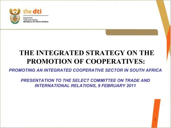 THE INTEGRATED STRATEGY ON THE PROMOTION OF COOPERATIVES: PROMOTING AN INTEGRATED COOPERATIVE SECTOR IN SOUTH AFRICA