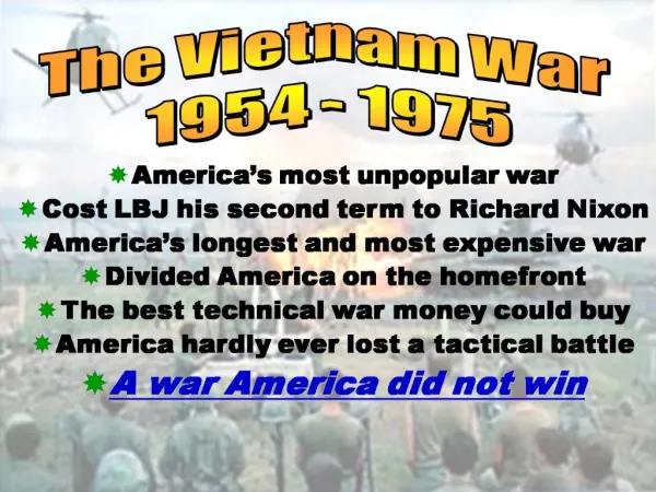America s most unpopular war Cost LBJ his second term to Richard Nixon America s longest and most expensive war Divided
