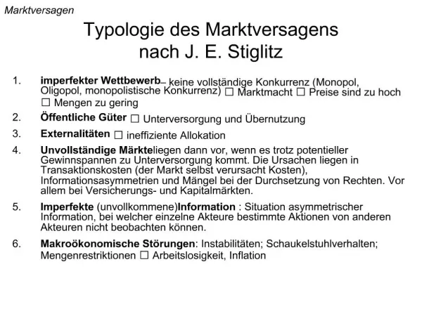 Typologie des Marktversagens nach J. E. Stiglitz