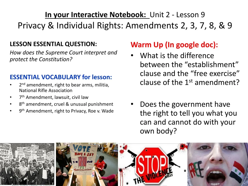 in your interactive notebook unit 2 lesson 9 privacy individual rights amendments 2 3 7 8 9