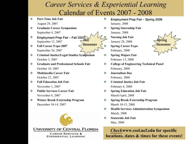 Career Services Experiential Learning Calendar of Events 2007 - 2008