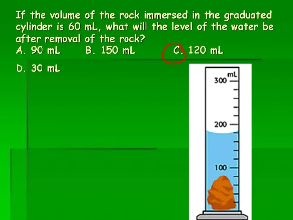 If the volume of the rock immersed in the graduated cylinder is 60 mL, what will the level of the water be after removal