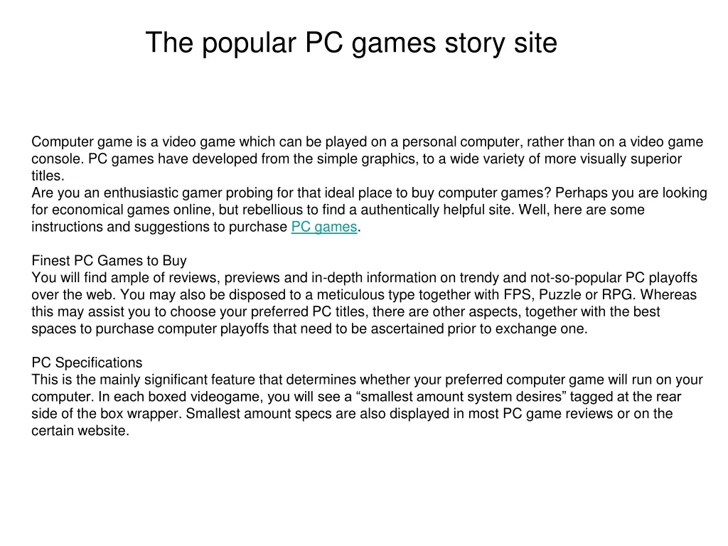 the popular pc games story site