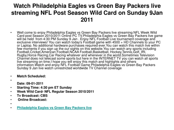 Watch Philadelphia Eagles vs Green Bay Packers live streamin