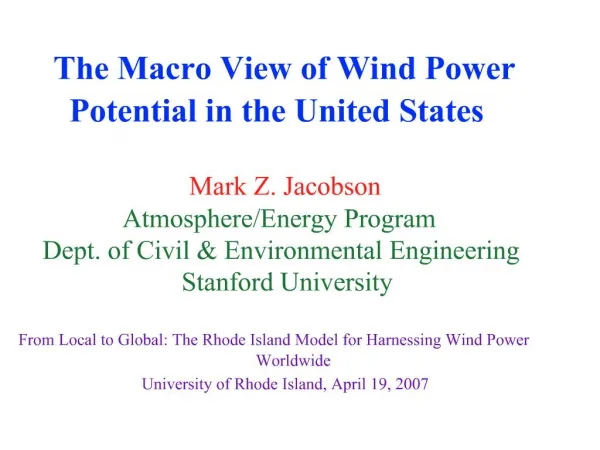 The Macro View of Wind Power Potential in the United States
