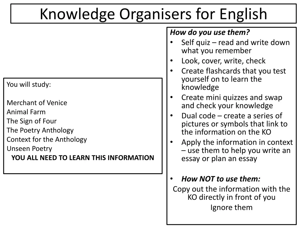 knowledge organisers for english