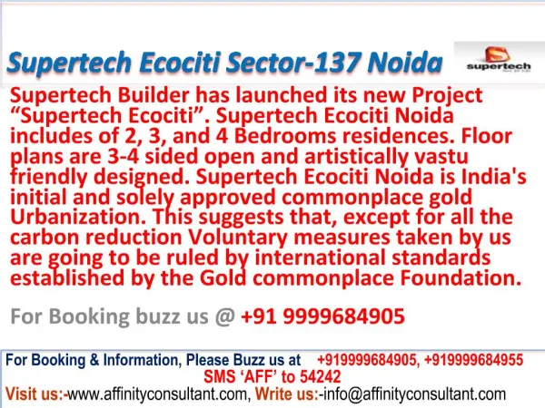 Supertech Ecociti studio apartment @ 09999684905 Sector 137