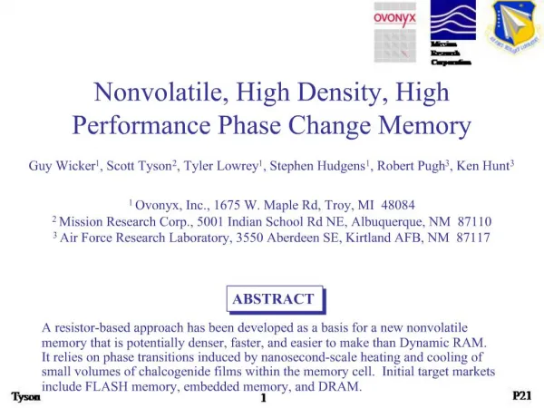 Nonvolatile, High Density, High Performance Phase Change Memory