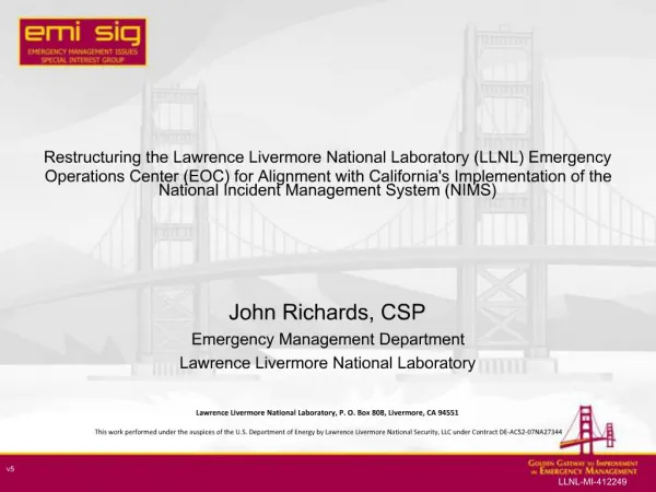 Restructuring the Lawrence Livermore National Laboratory LLNL Emergency Operations Center EOC for Alignment with Califor