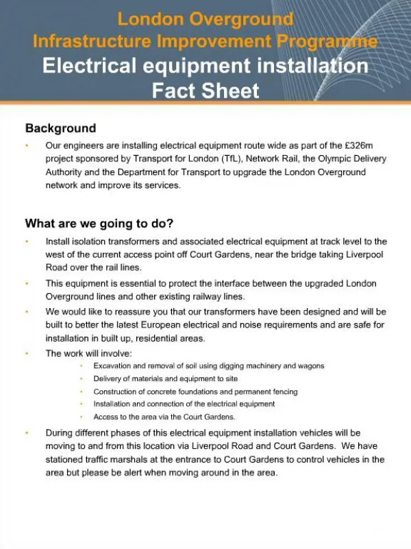 London Overground Infrastructure Improvement Programme Electrical equipment installation Fact Sheet