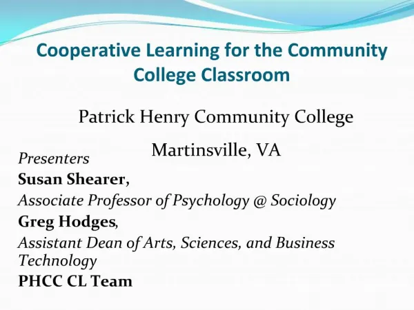 Cooperative Learning for the Community College Classroom