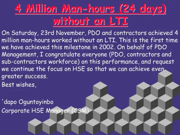 4 Million Man-hours 24 days without an LTI