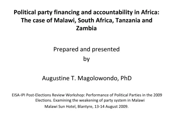 Political party financing and accountability in Africa: The case of Malawi, South Africa, Tanzania and Zambia
