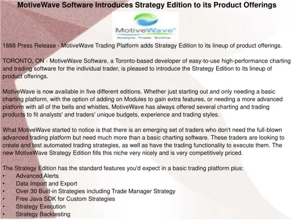 MotiveWave Software Introduces Strategy Edition