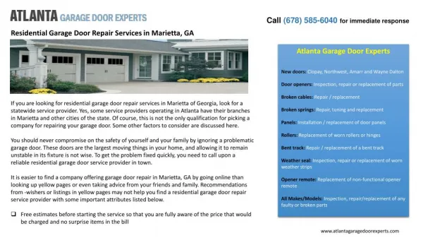Residential Garage Door Repair Services in Marietta, GA