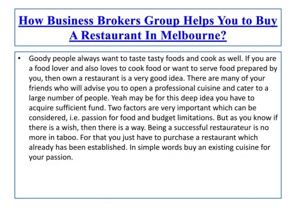 How Business Brokers Group Helps You to Buy A Restaurant In