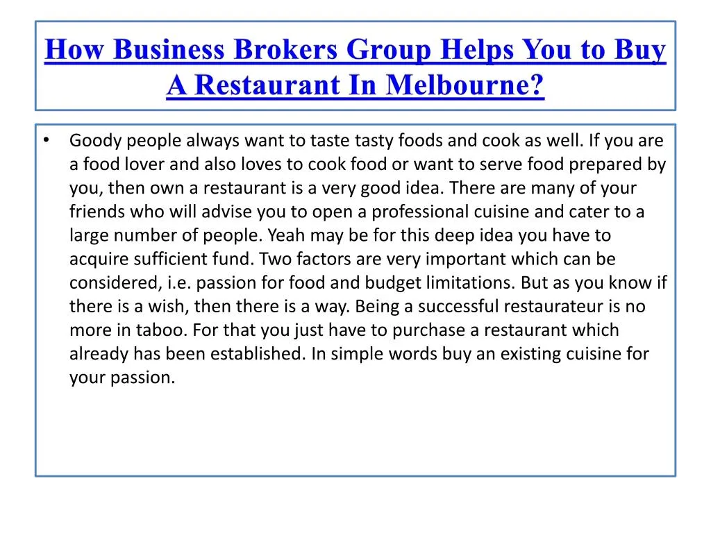 how business brokers group helps you to buy a restaurant in melbourne