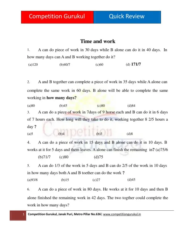 44 Time and Work Problems - Competition Gurukul