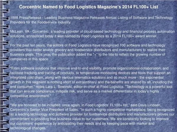 Corcentric Named to Food Logistics Magazine's 2014 FL100