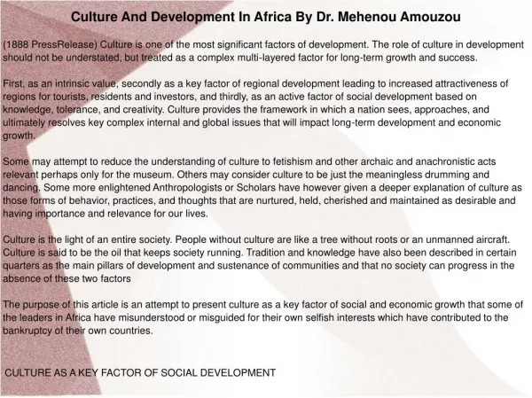 Culture And Development In Africa By Dr. Mehenou Amouzou