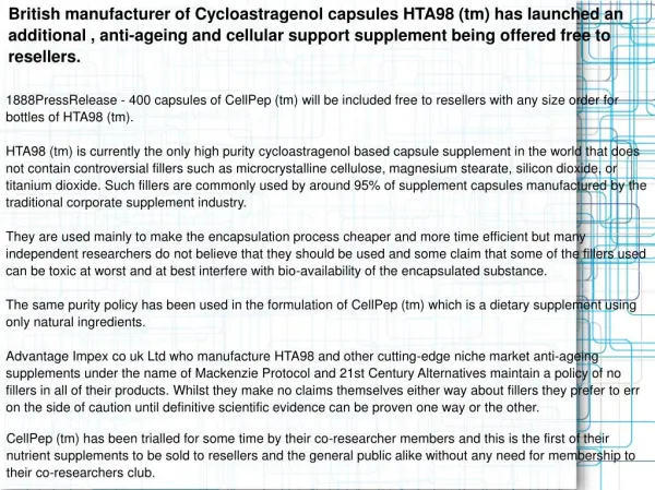 British manufacturer of Cycloastragenol capsules HTA98 (tm)