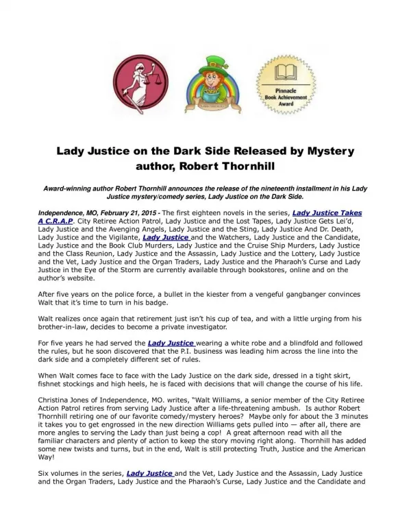 Lady Justice on the Dark Side Released by Mystery author
