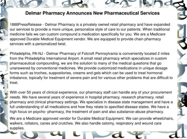 Delmar Pharmacy Announces New Pharmaceutical Services